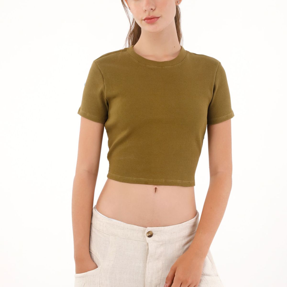 TOPMARK - Camiseta crop manga corta verde para mujer
