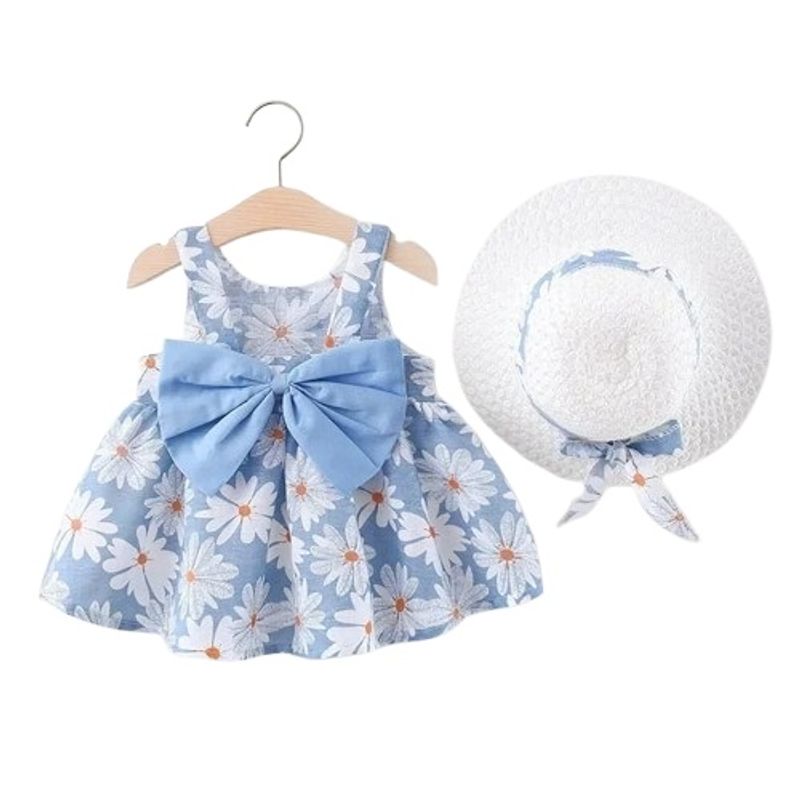 GENERICO - Vestido Floreado Para Bebe Niña 2 Piezas Sombrero Azul 0-3 M