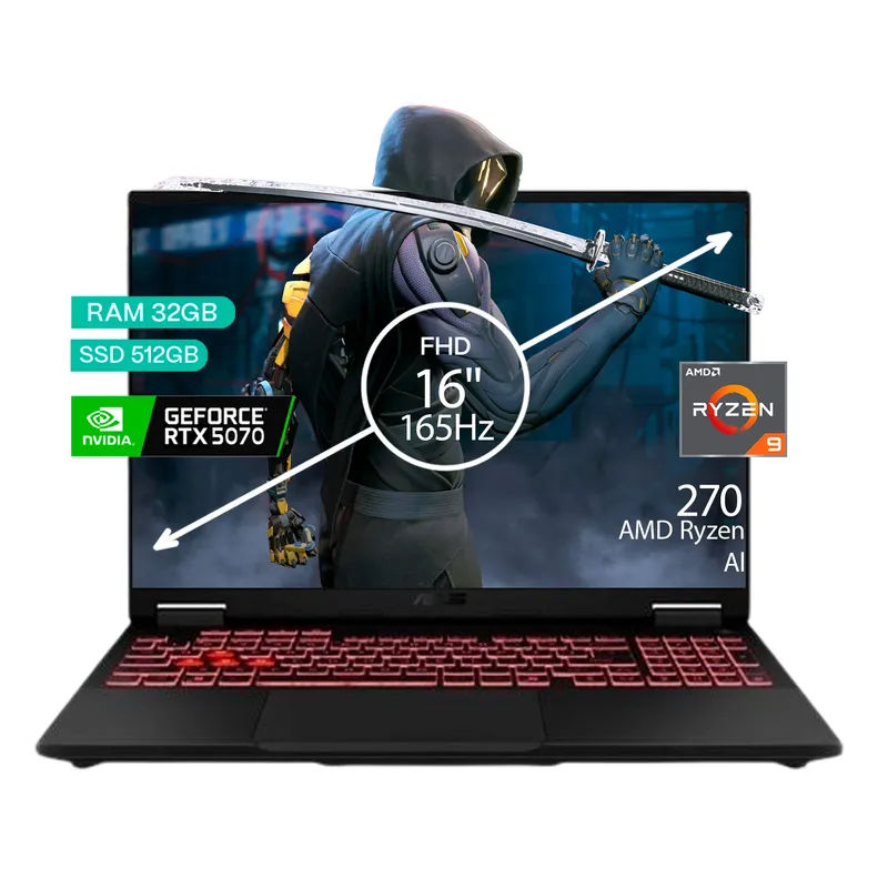 ASUS - Portátil Gamer Asus TUF A16 AMD RYZEN 9 270 32/512 SSD RTX 5070 8GB 16 FHD 165Hz Windows 11 H.