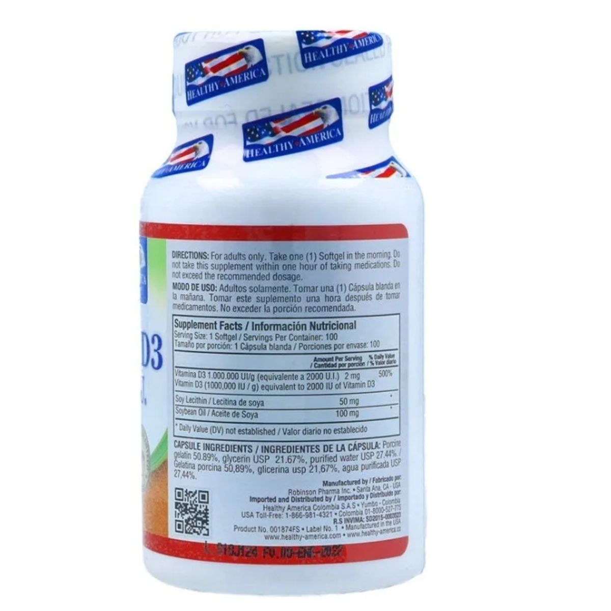 HEALTHY AMERICA - SUPLEMENTO VITAMINA D3 X 100 SOFTGLES.