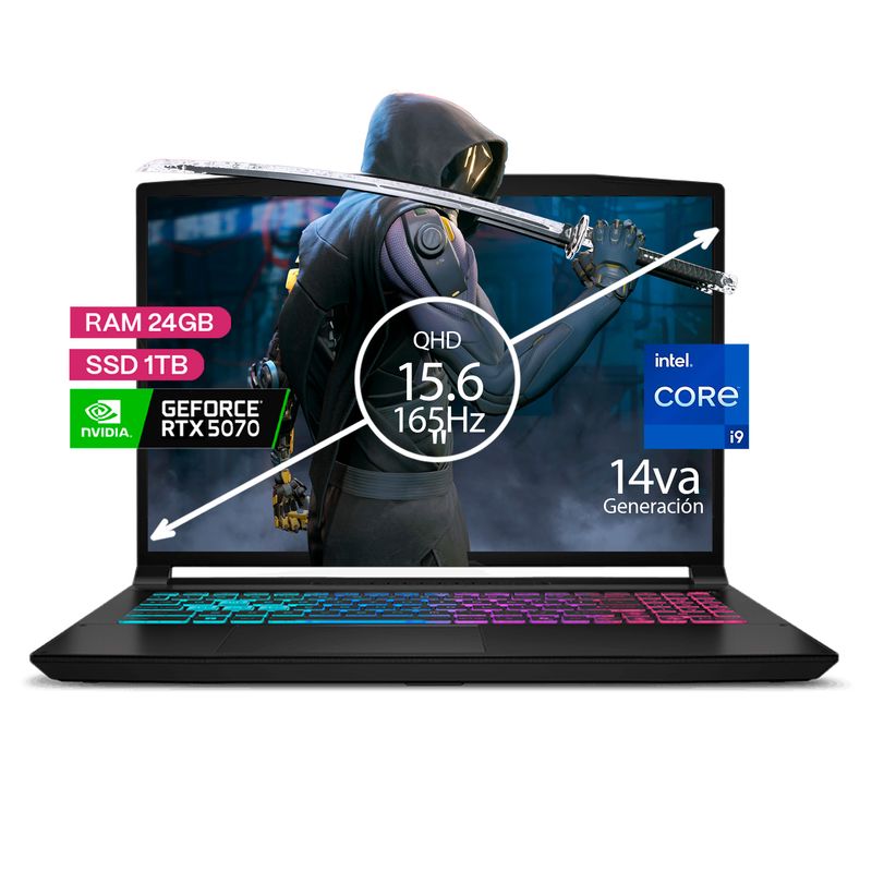 MSI - Portátil Gamer MSI Katana Core i9 14900HX 24/1 TB SSD RTX 5070 8GB 15.6" 165Hz FHD Win 11 home.