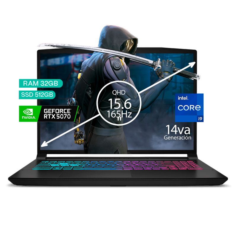 MSI - Portátil Gamer MSI Katana Core i9 14900HX 32/512 SSD RTX 5070 8GB 15.6" 165Hz FHD Win 11 home.