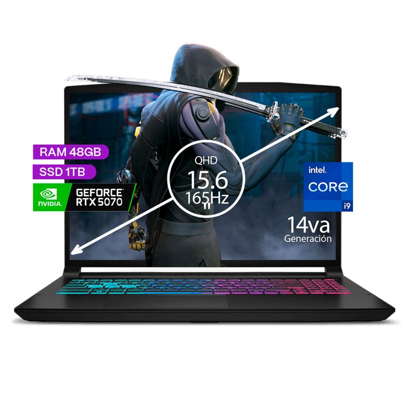 MSI - Portátil Gamer MSI Katana Core i9 14900HX 48/2 TB SSD RTX 5070 8GB 15.6" 165Hz FHD Win 11 home.