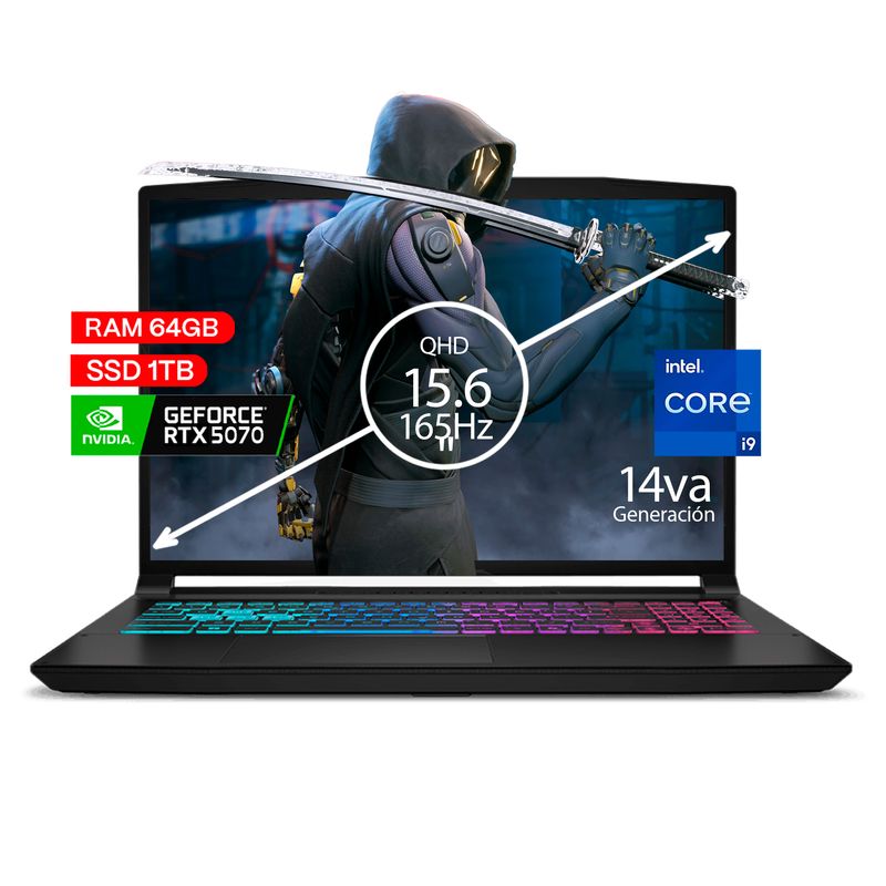 MSI - Portátil Gamer MSI Katana Core i9 14900HX 64/1 TB SSD RTX 5070 8GB 15.6" 165Hz FHD Win 11 home.