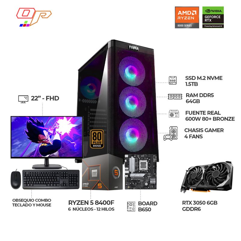 AMD - PC GAMER RYZEN 5 8400F/ RTX 3050 6GB/ MONITOR 22" FHD/ B650/ RAM 64GB SSD 1.5TB