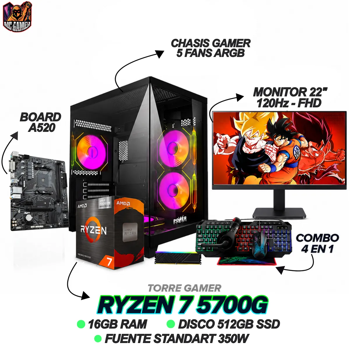 AMD - PC GAMING  - RYZEN 7 5700G - 16GB RAM - 512GB SSD - 5 FANS - MONITOR 22 120Hz + COMBO 4 EN 1