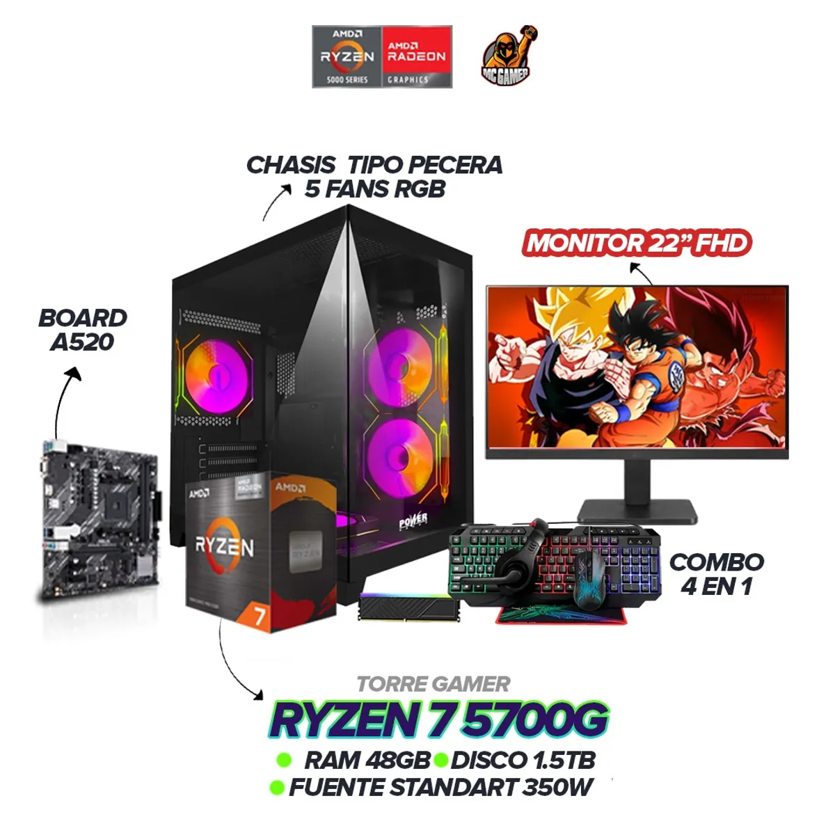AMD - PC Gamer Ryzen 7 5700G / 48GB RAM / 1.5TB SSD / 5 FANS PECERA / Monitor 22" FHD