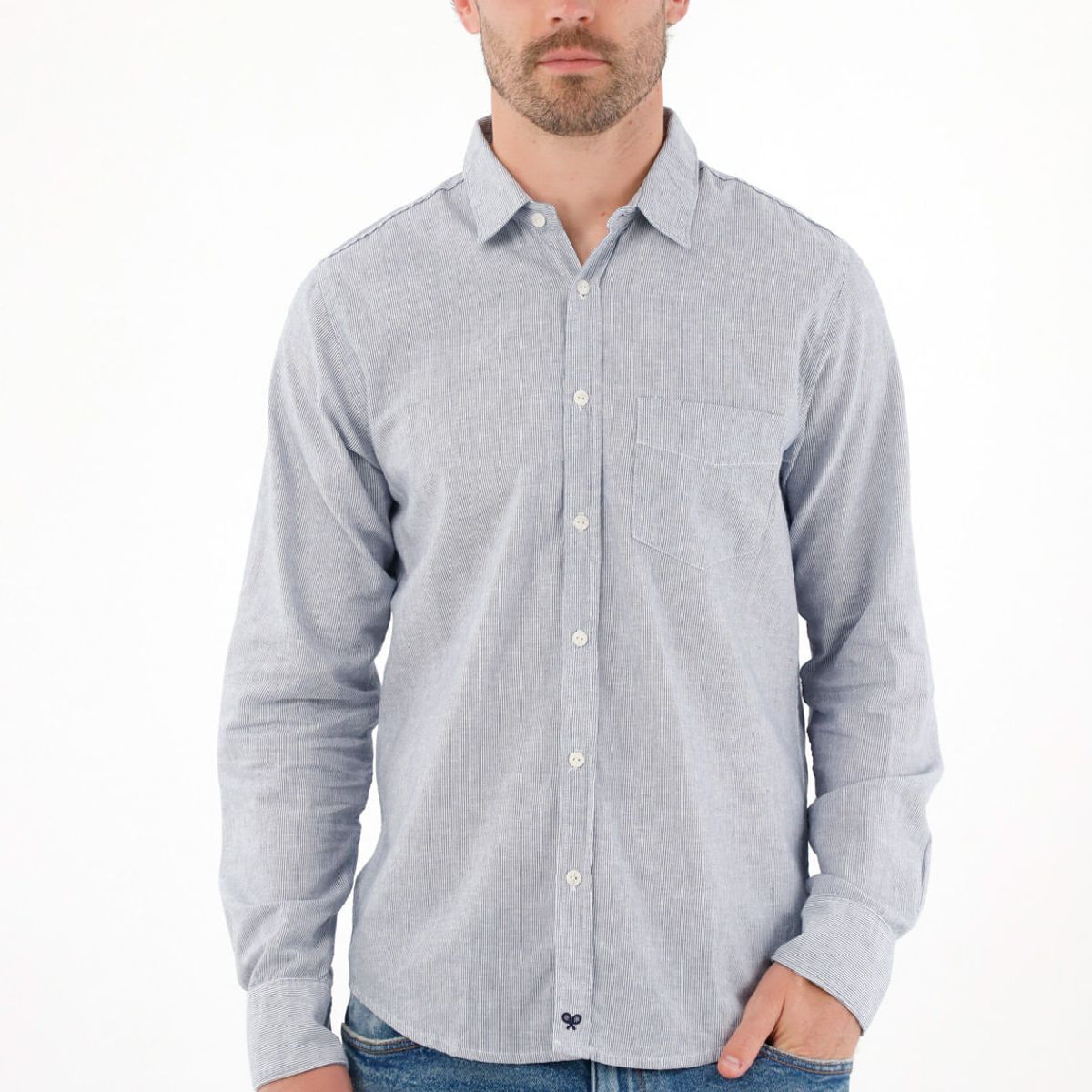 TENNIS - Camisa manga larga preteñida azul para hombre