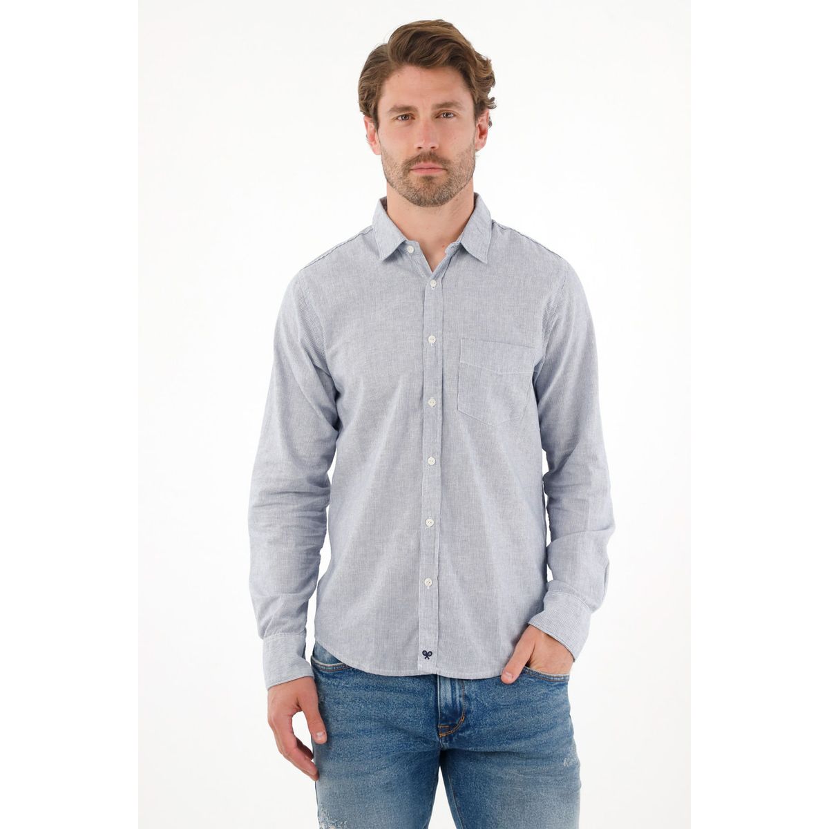 TENNIS - Camisa manga larga preteñida azul para hombre