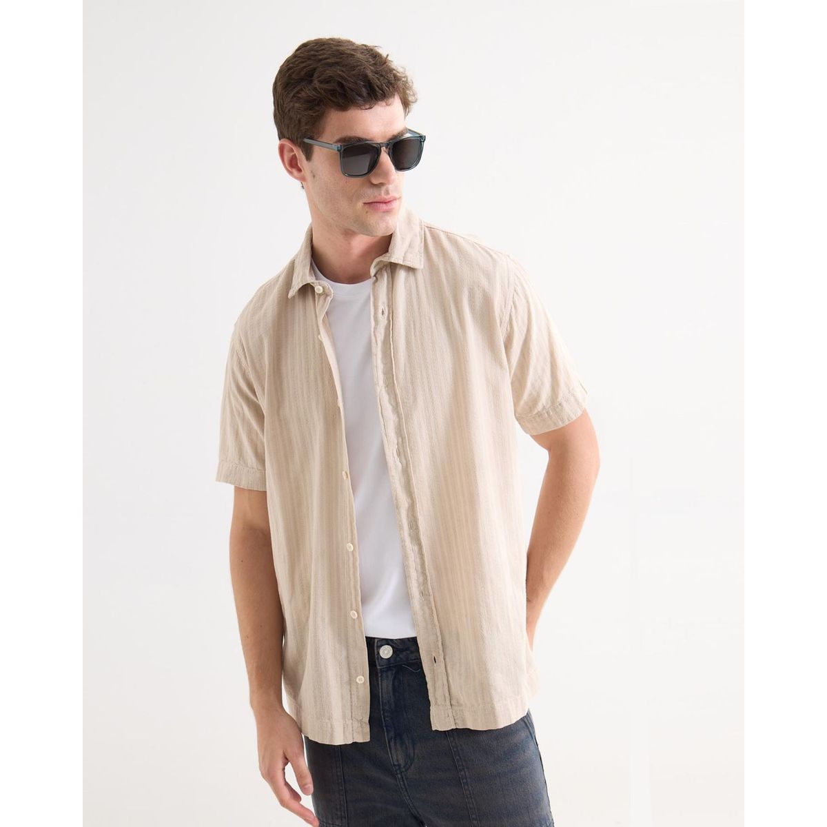 SEVEN SEVEN - Camisa Para Hombre Manga Corta Sin Bolsillo Cuello Casual M Color Beige Marca Seven Seven #45012144