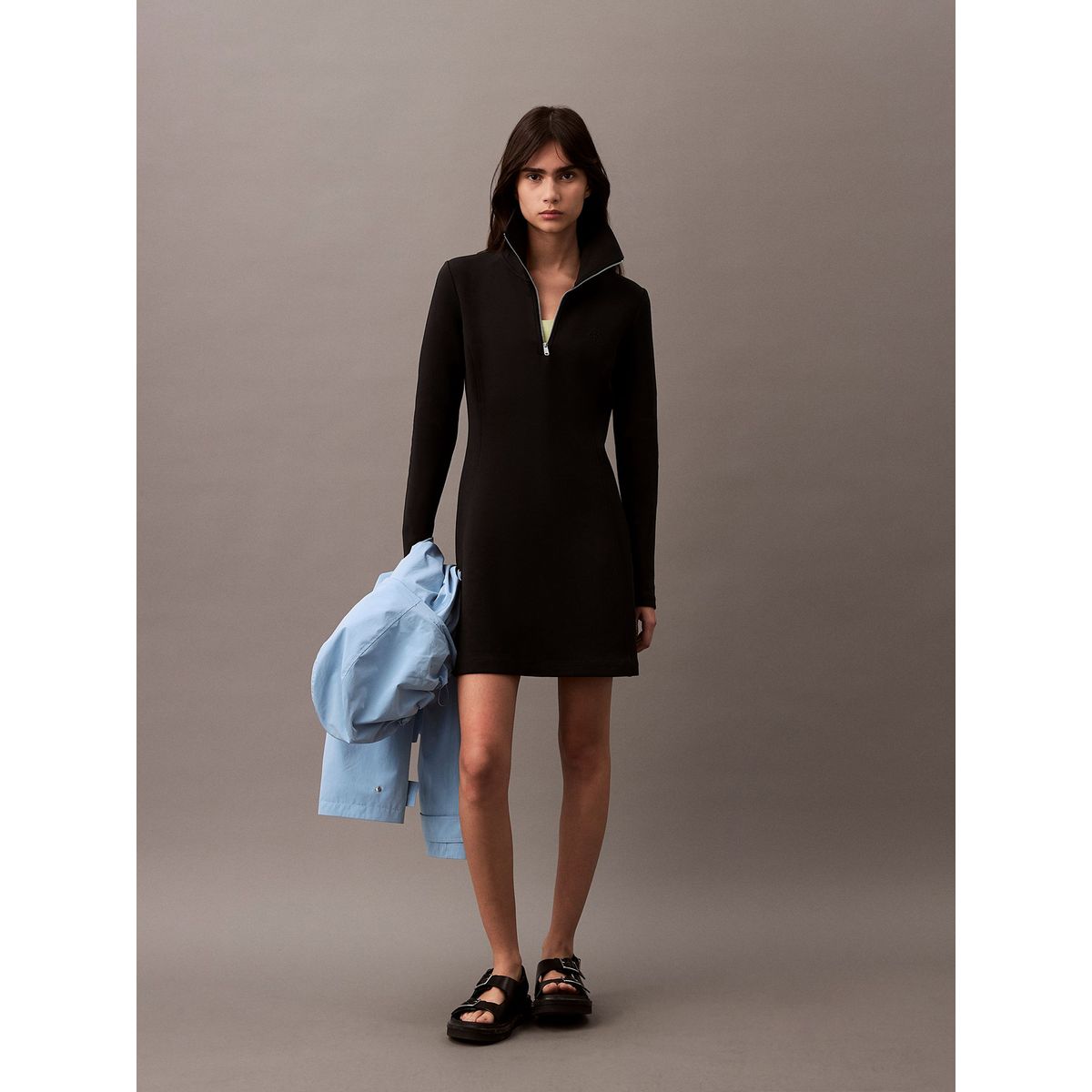 CALVIN KLEIN - Vestido negro de neopreno de manga larga con cuello con cremallera Calvin Klein