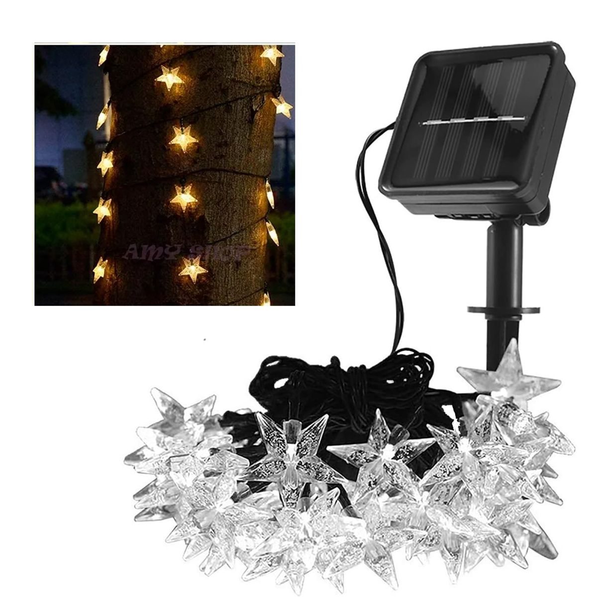 GENERICO - Lineal De Panel Solar Estrellitas 50 Led 7,5mt Luces Navideñas Cálido