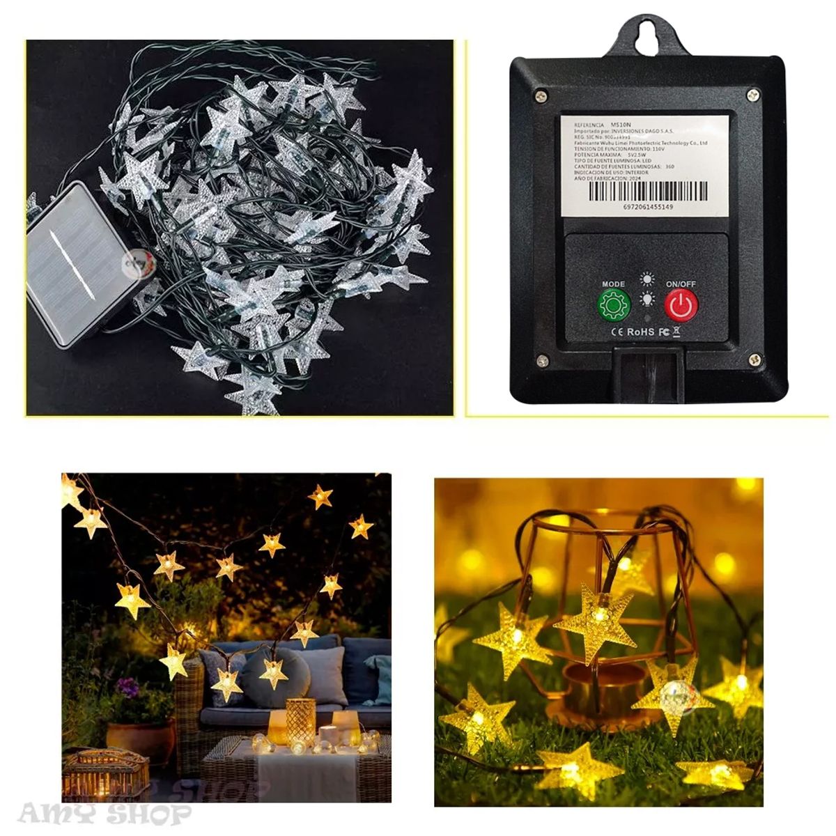 GENERICO - Lineal De Panel Solar Estrellitas 50 Led 7,5mt Luces Navideñas Cálido