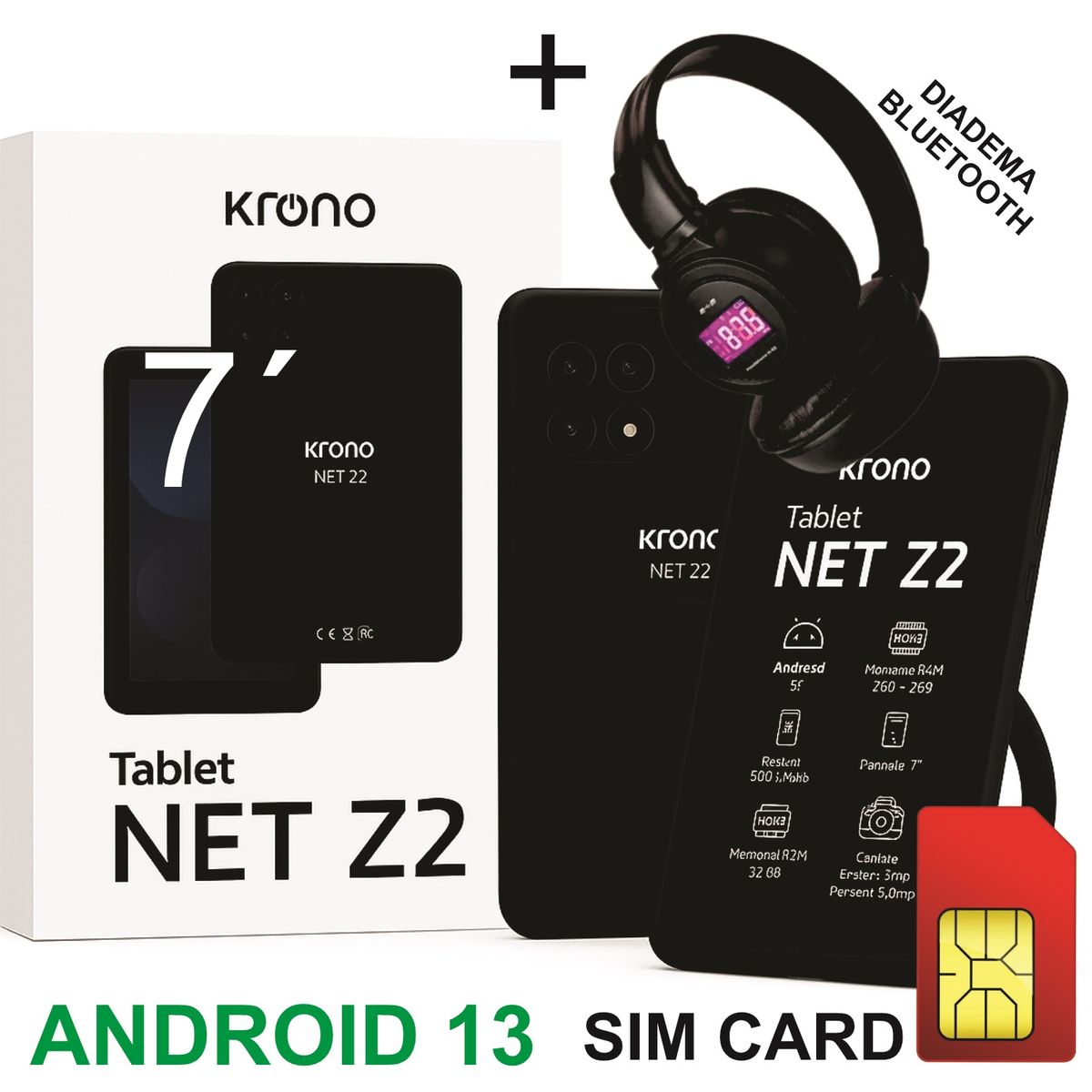 KRONO - Tablet 7 Pulgadas Sim Card 32GB Android 13 + Diadema NEGRO
