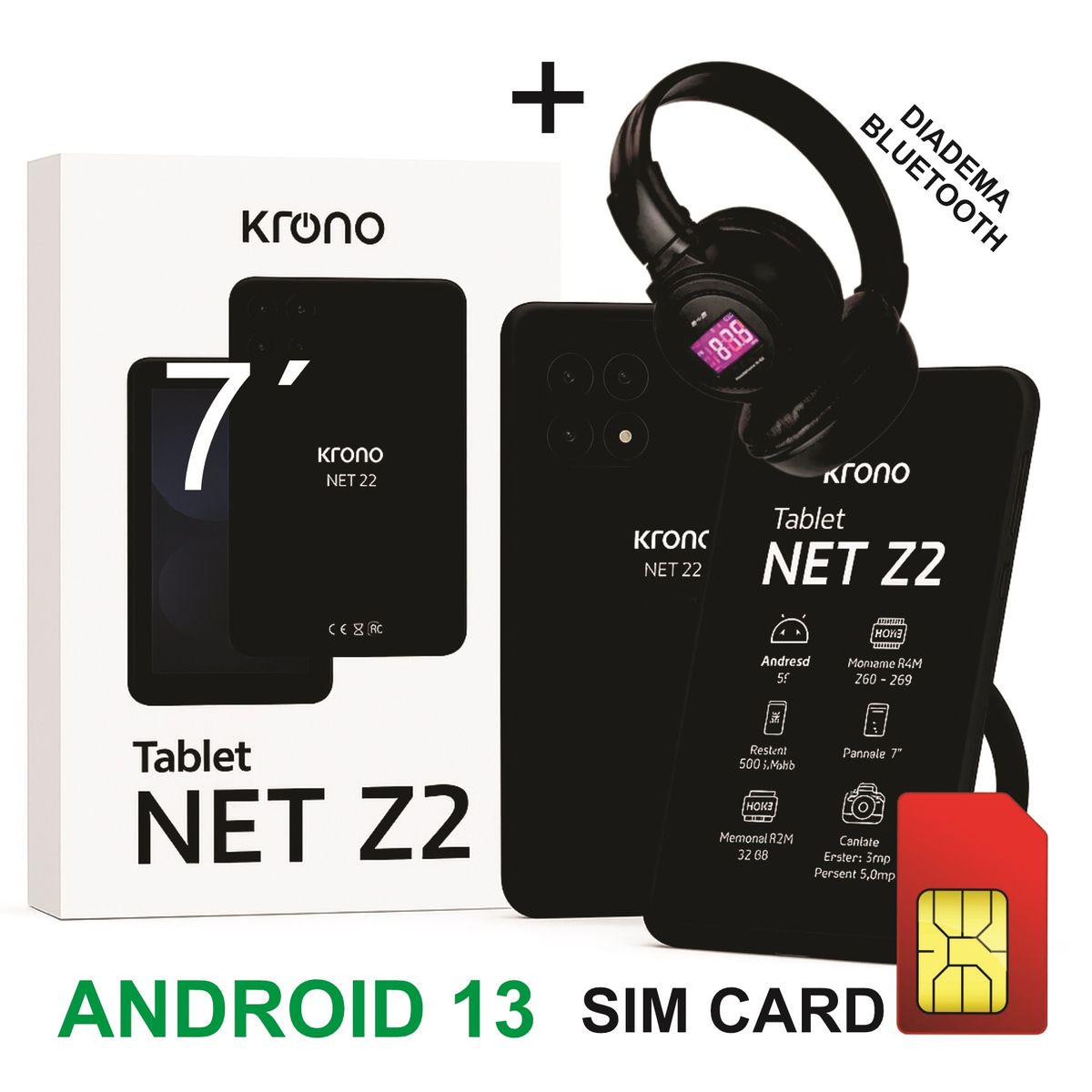 KRONO - Tablet 7 Pulgadas Sim Card 32GB Android 13 + Diadema NEGRO