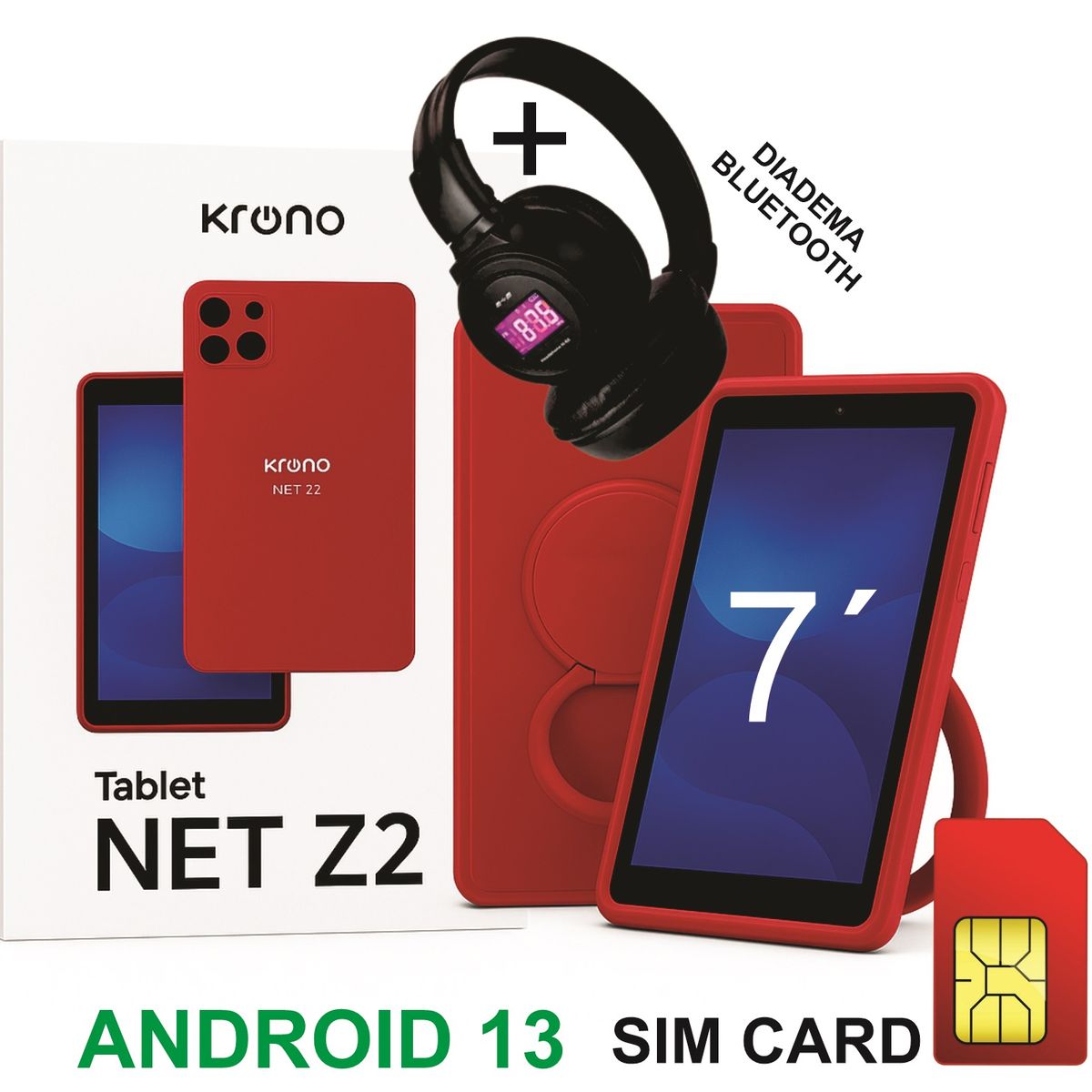 KRONO - Tablet 7 Pulgadas Sim Card 32GB Android 13 + Diadema ROJO