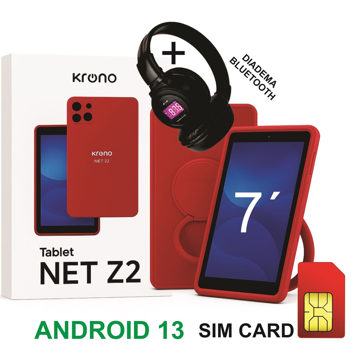 KRONO - Tablet 7 Pulgadas Sim Card 32GB Android 13 + Diadema ROJO