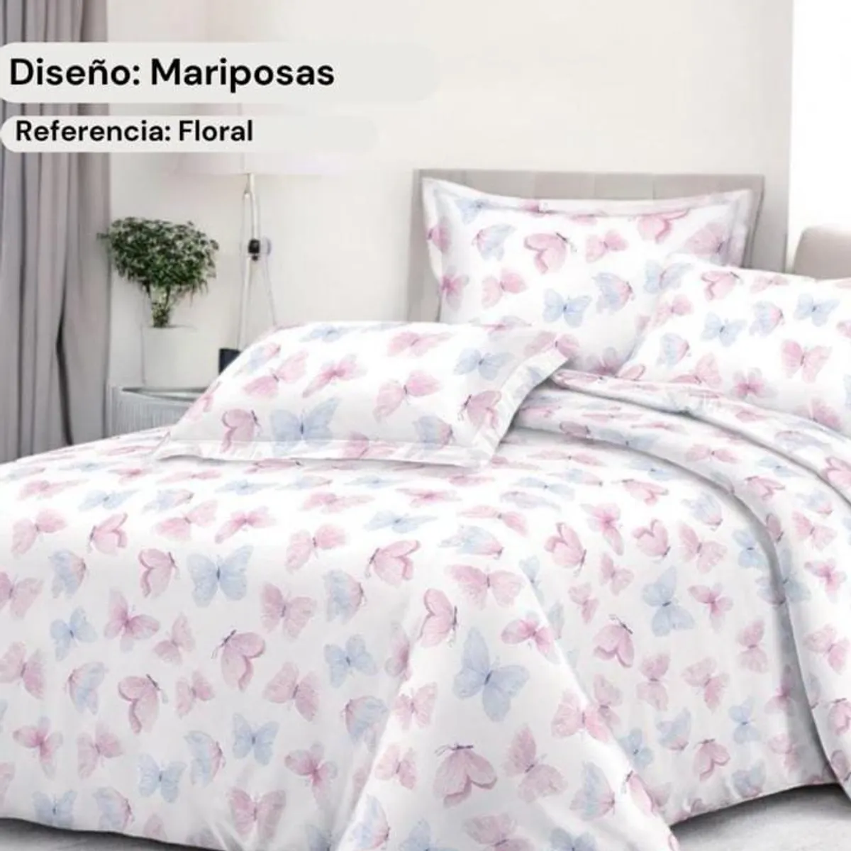 SIRENITAS - Juego de sabanas Cama Sencilla Mariposas Rosas y Azul