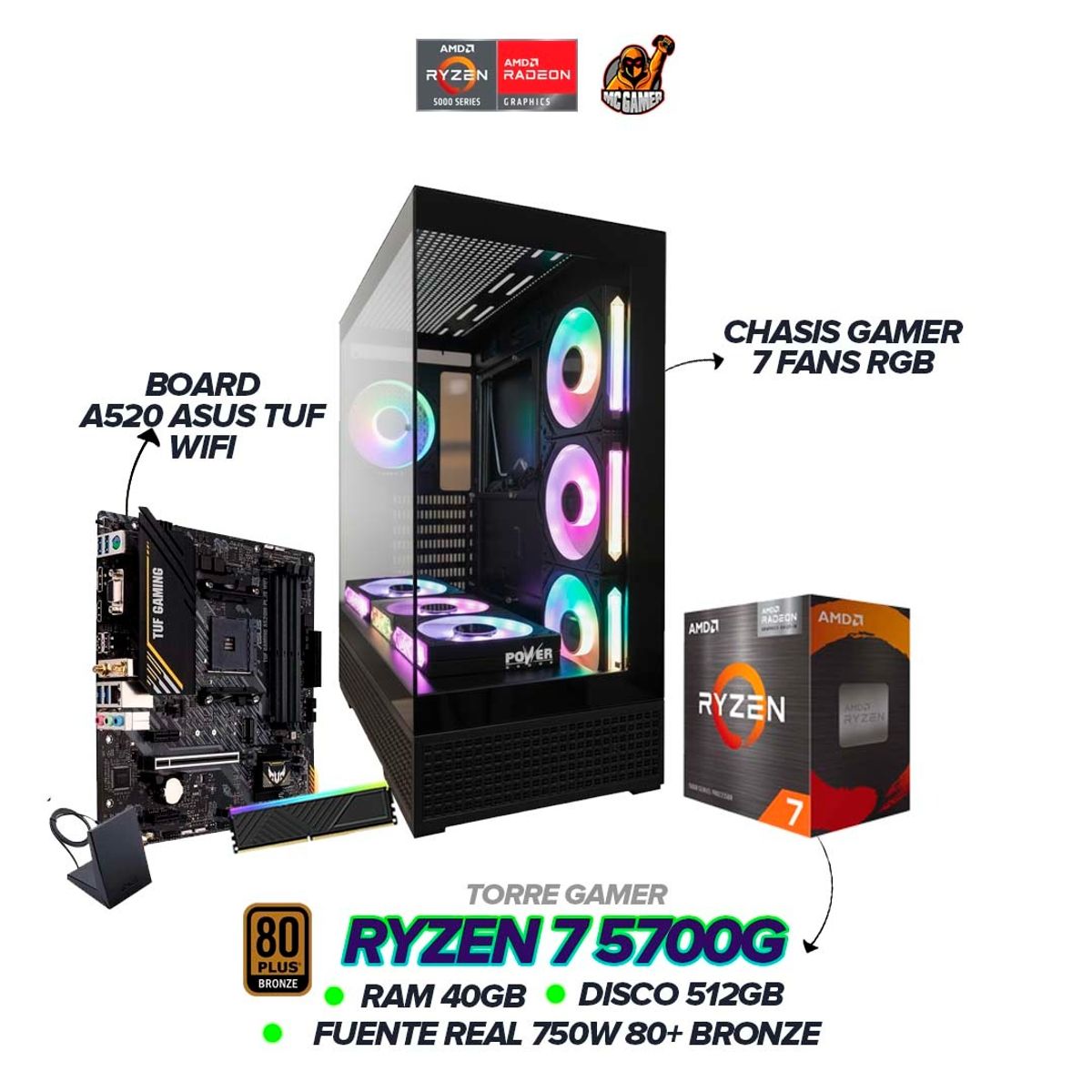 AMD - TORRE GAMER RYZEN 7 5700G / 40GB RAM / 512GB SSD / TUF A520 WIFI / 750W / 7 FANS