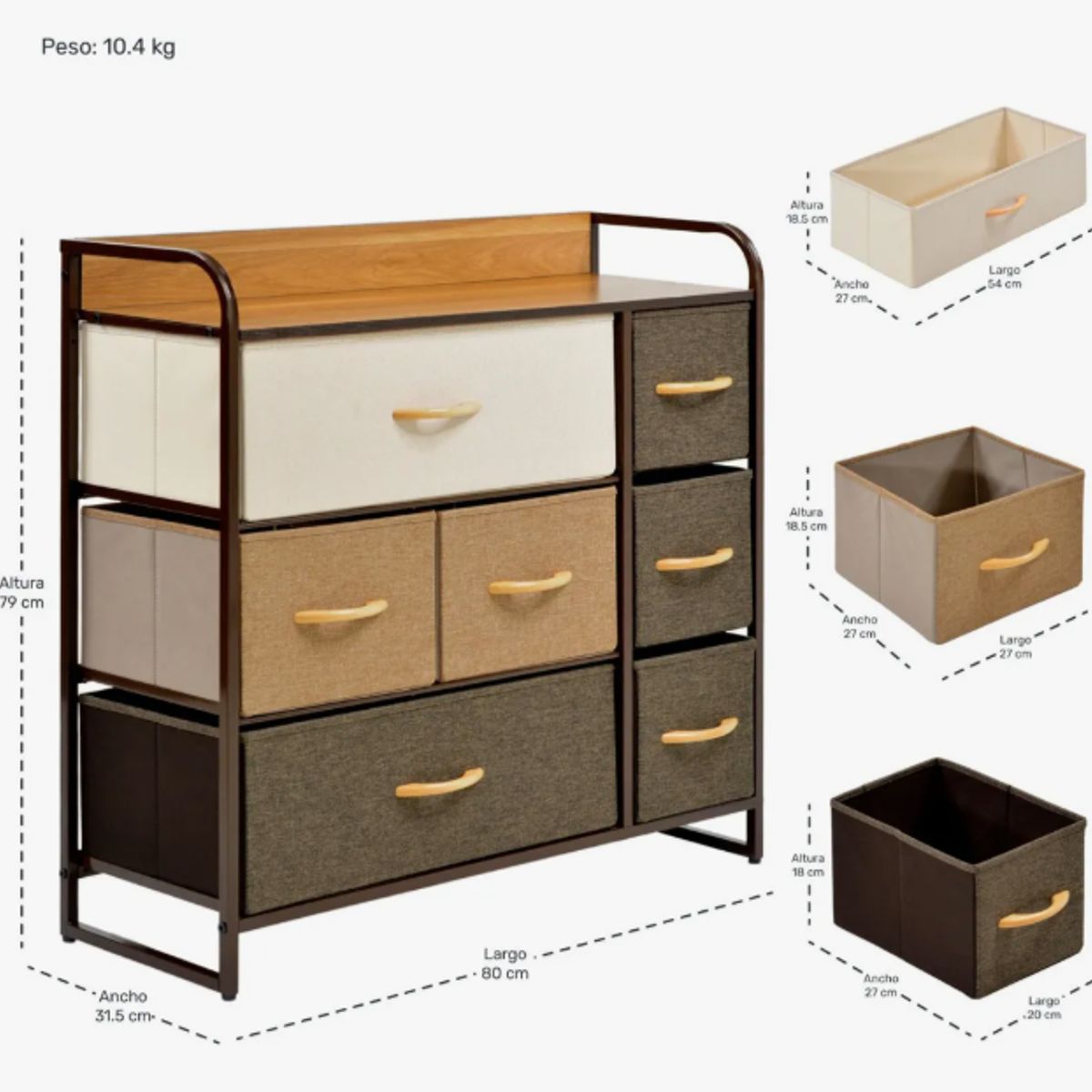 GENERICO - Mueble Buro Organizador Comoda Metal 7 Cajoneras Tela Color Café