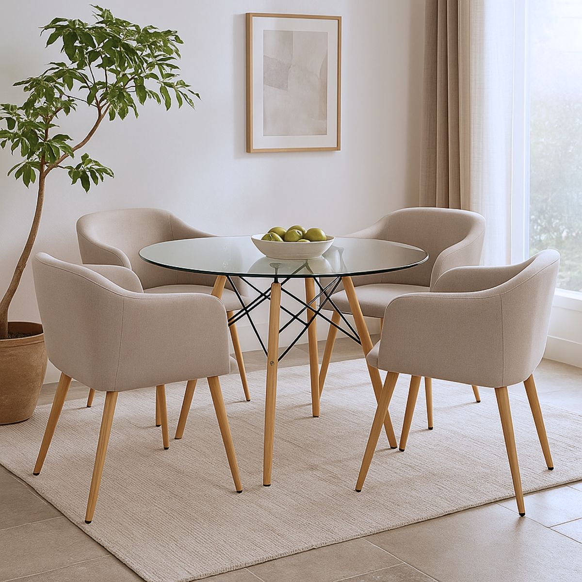 GENERICO - Comedor Ámbar 4 Puestos Mesa Vidrio Sillas Tapizadas Beige