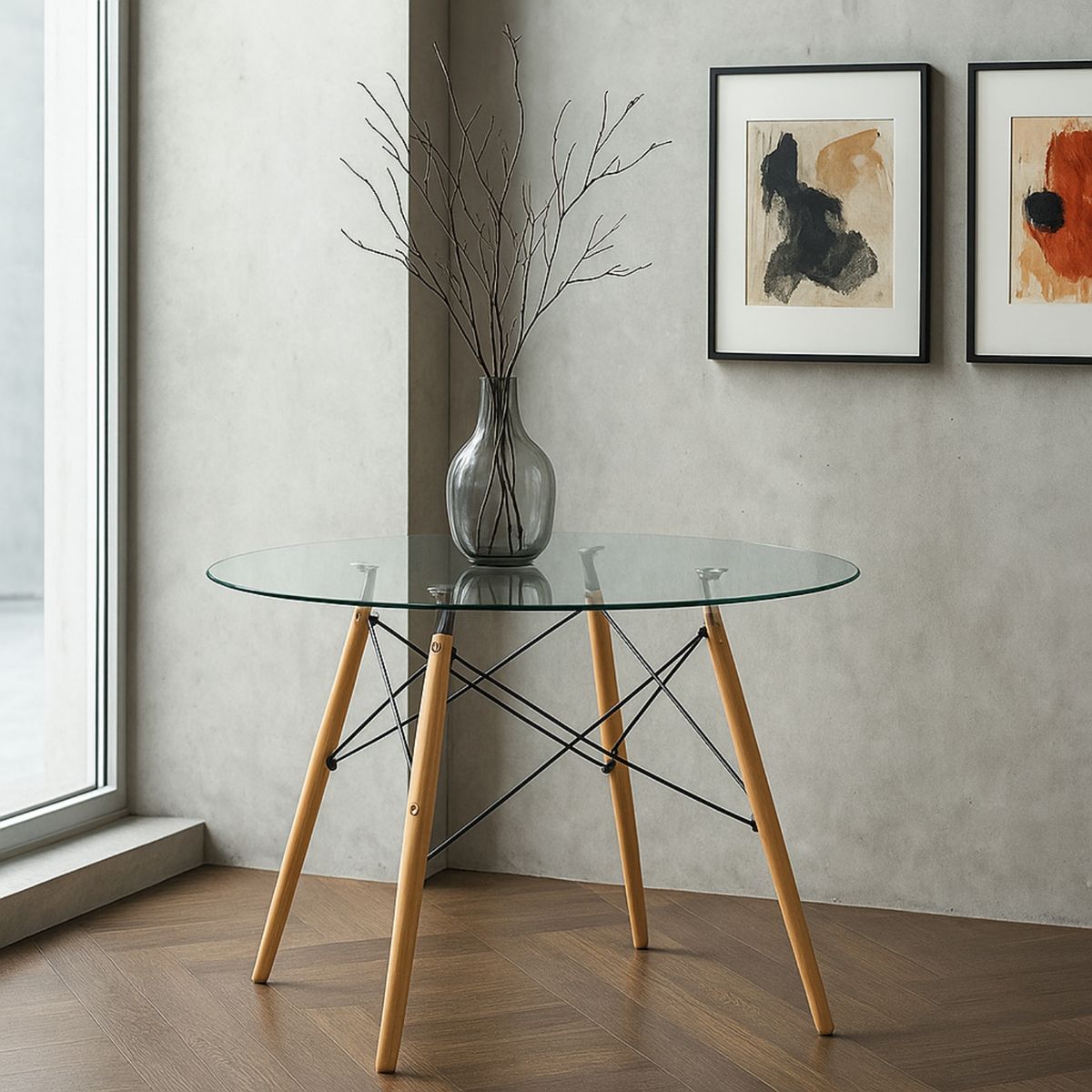 ENTRE NOS HOME - Mesa Comedor Redonda Vidrio Templado 90cm Patas Madera