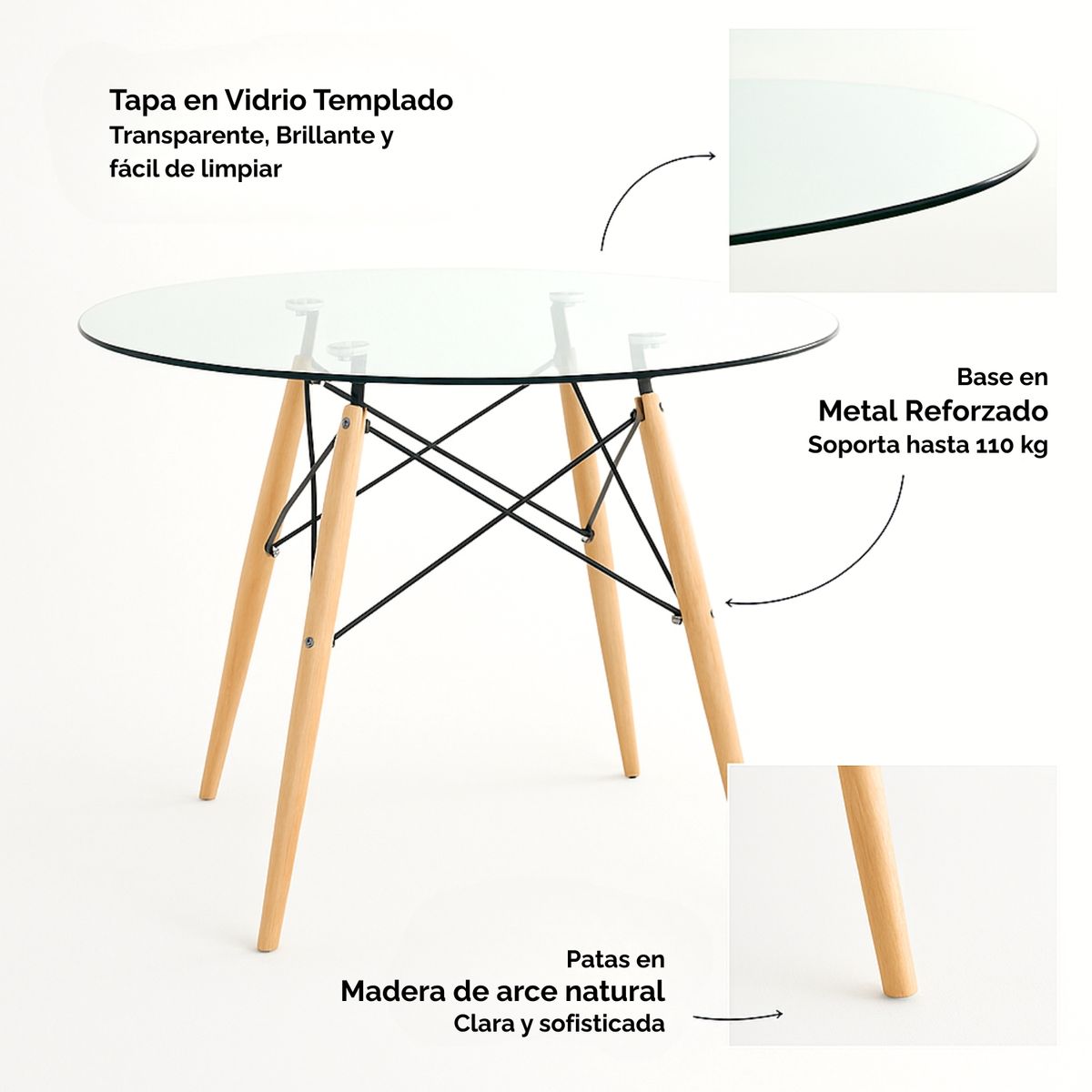 ENTRE NOS HOME - Mesa Comedor Redonda Vidrio Templado 90cm Patas Madera