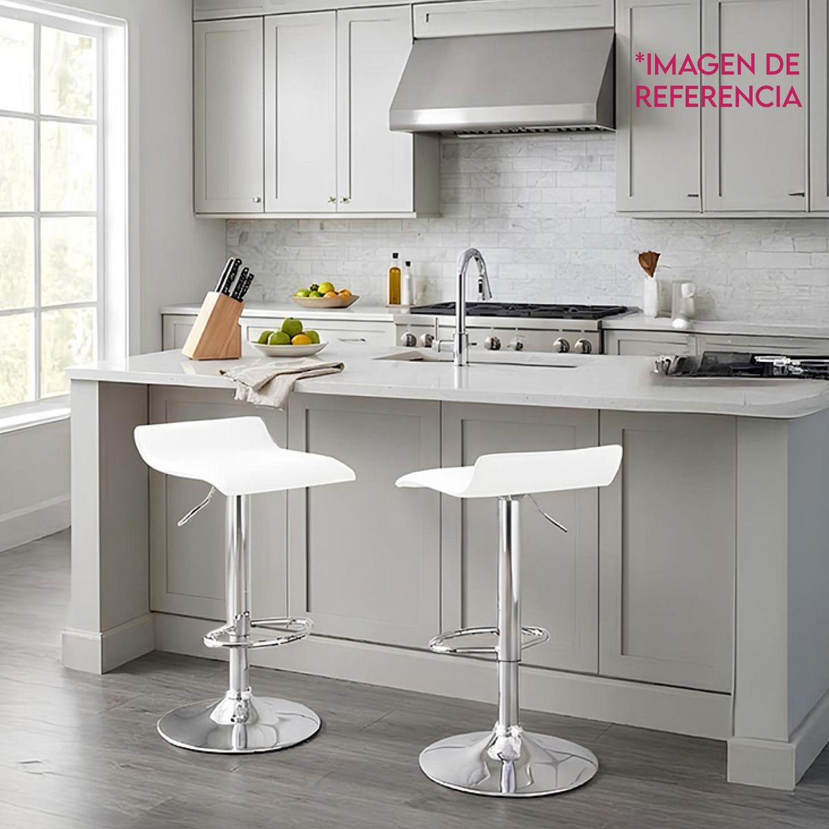 DIMATEX LEON - Set X2 Silla Bar Butaco Alta Giratoria Pvc Barra Cocina Reffresno Blanco Fresno X2