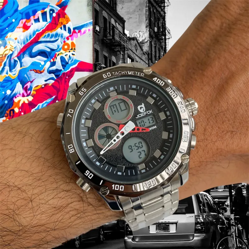 TIME - RELOJ JOEFOX ORIGINAL ACERO DOBLE HORA 1520 SUMERGIBLE PLATEADO NEGRO