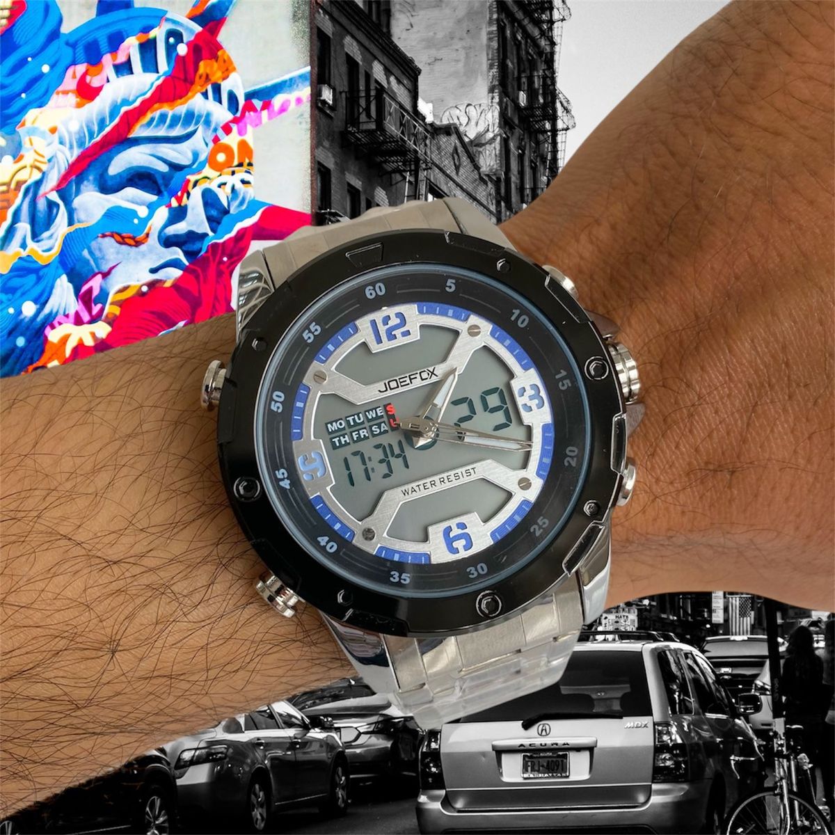 TIME - RELOJ JOEFOX ORIGINAL ACERO DOBLE HORA 1940 SUMERGIBLE PLATEADO AZUL