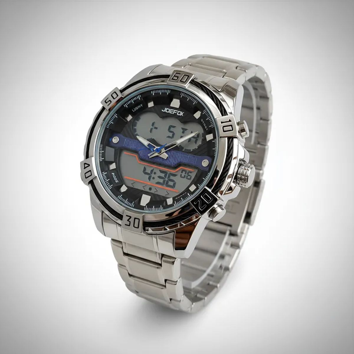 TIME - RELOJ JOEFOX ORIGINAL ACERO DOBLE HORA 1808 SUMERGIBLE PLATEADO AZUL