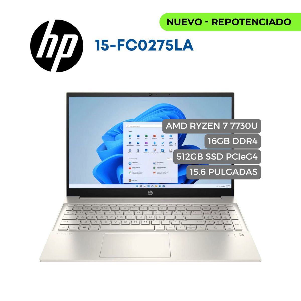 HP - Portatil HP 15-fc0275la AMD Ryzen 7 7730U, 512GB SSD, 16GB DDR4, 15.6" LED