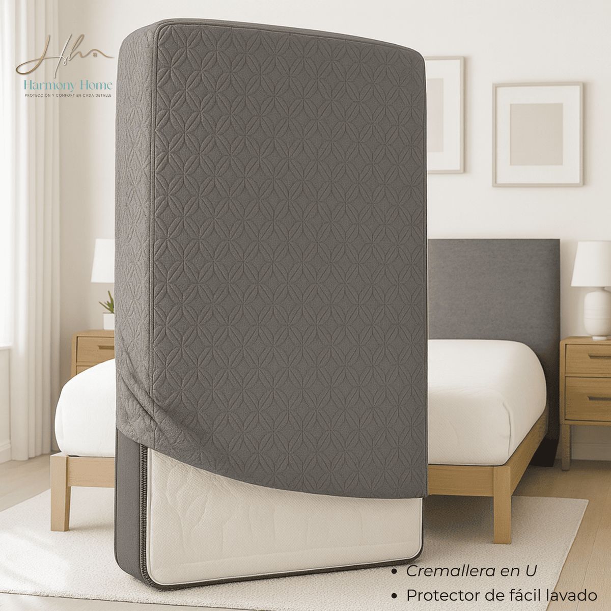 HARMONY HOME - Funda para Colchón con Cremallera 140X190 Gris