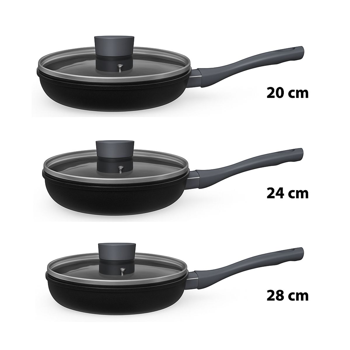 KITCHENWARE - Set de 3 Sartenes Antiadherentes Grey con Tapa – Aluminio Forjado