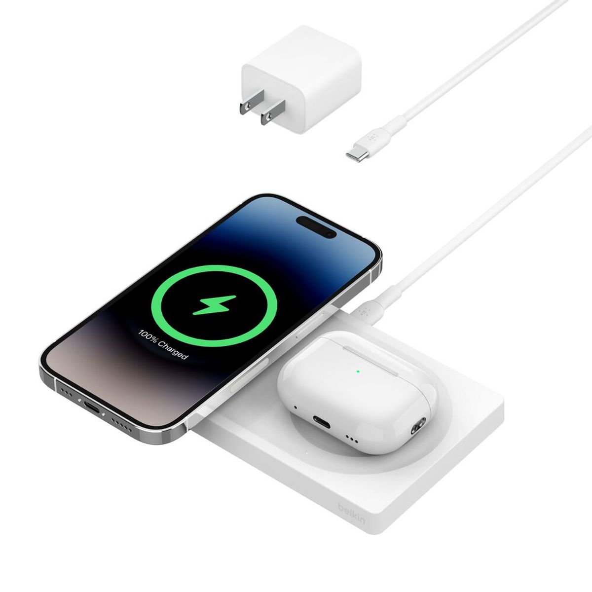 BELKIN - Base de carga inalámbrica Belkin MagSafe 2 en 1 - Carga rápida para iPhone y AirPods