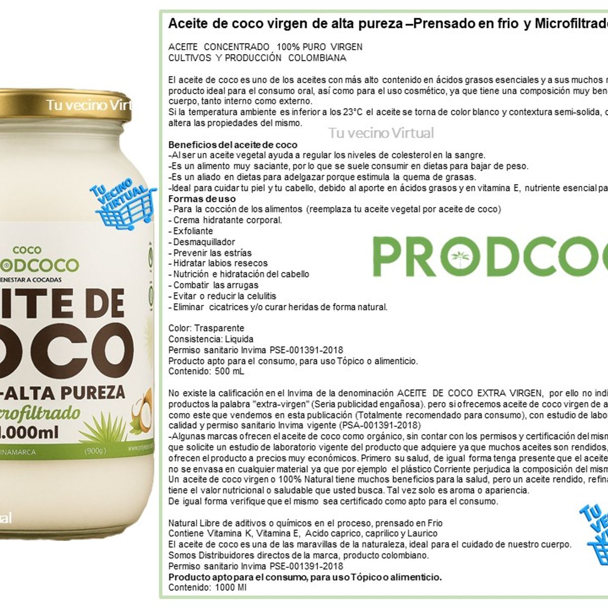 PRODCOCO - Aceite de Coco Virgen Alta Pureza Prodcoco 1000 mL