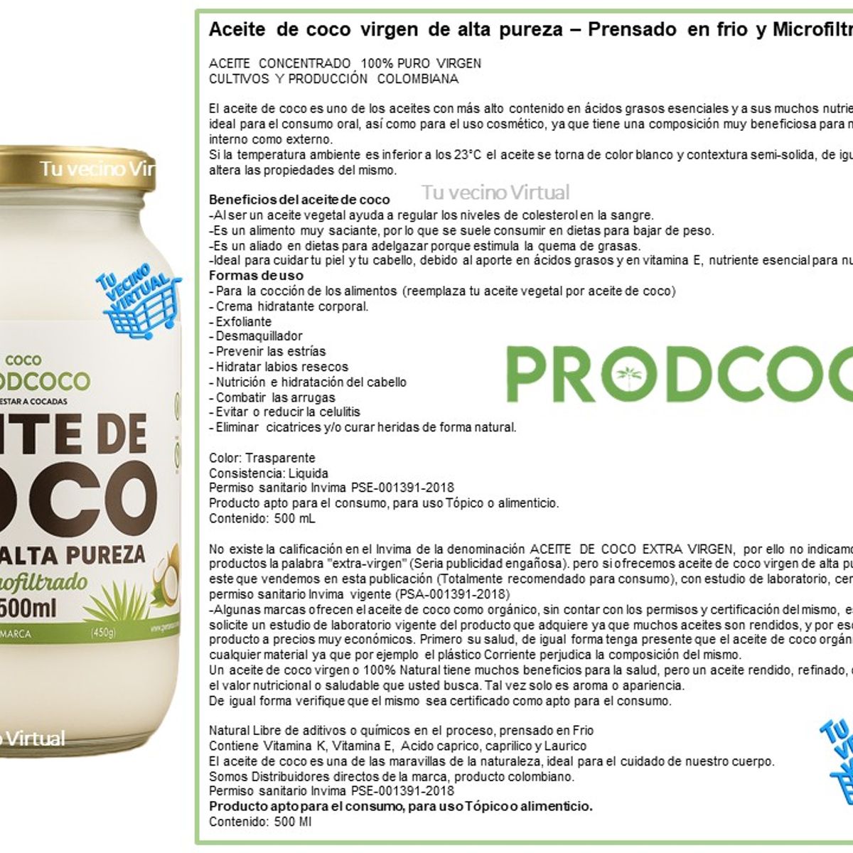 PRODCOCO - Aceite de Coco Virgen Alta Pureza Prodcoco 500 mL X3