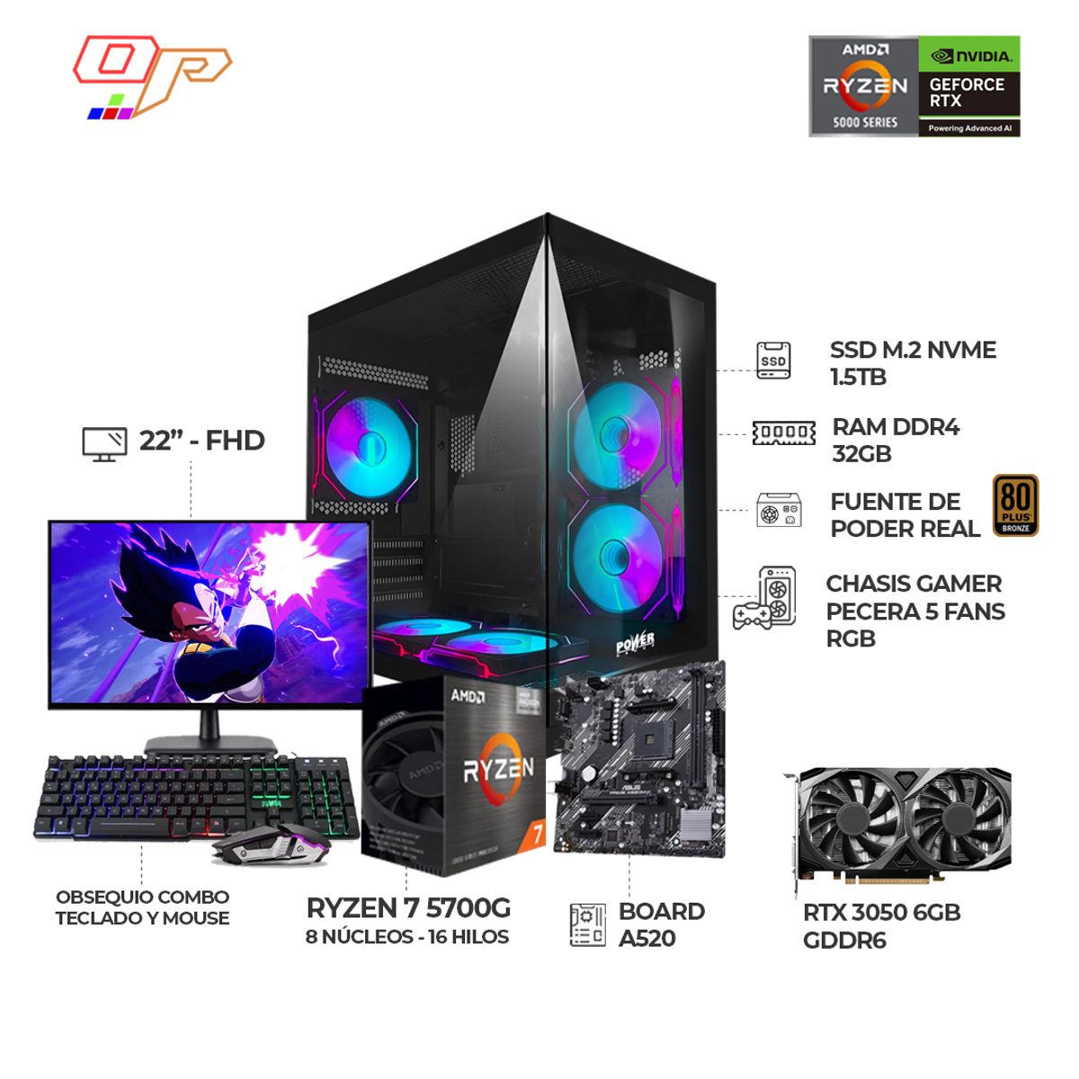 AMD - PC GAMER RYZEN 7 5700G/RTX 3050 6GB/32GB RAM/1.5TB/MONITOR 22"/COMBO GAMER