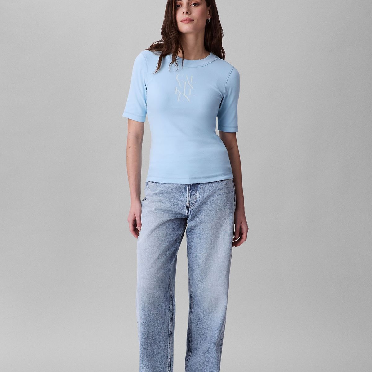 CALVIN KLEIN - Camiseta celeste de algodón con logotipo Calvin Klein