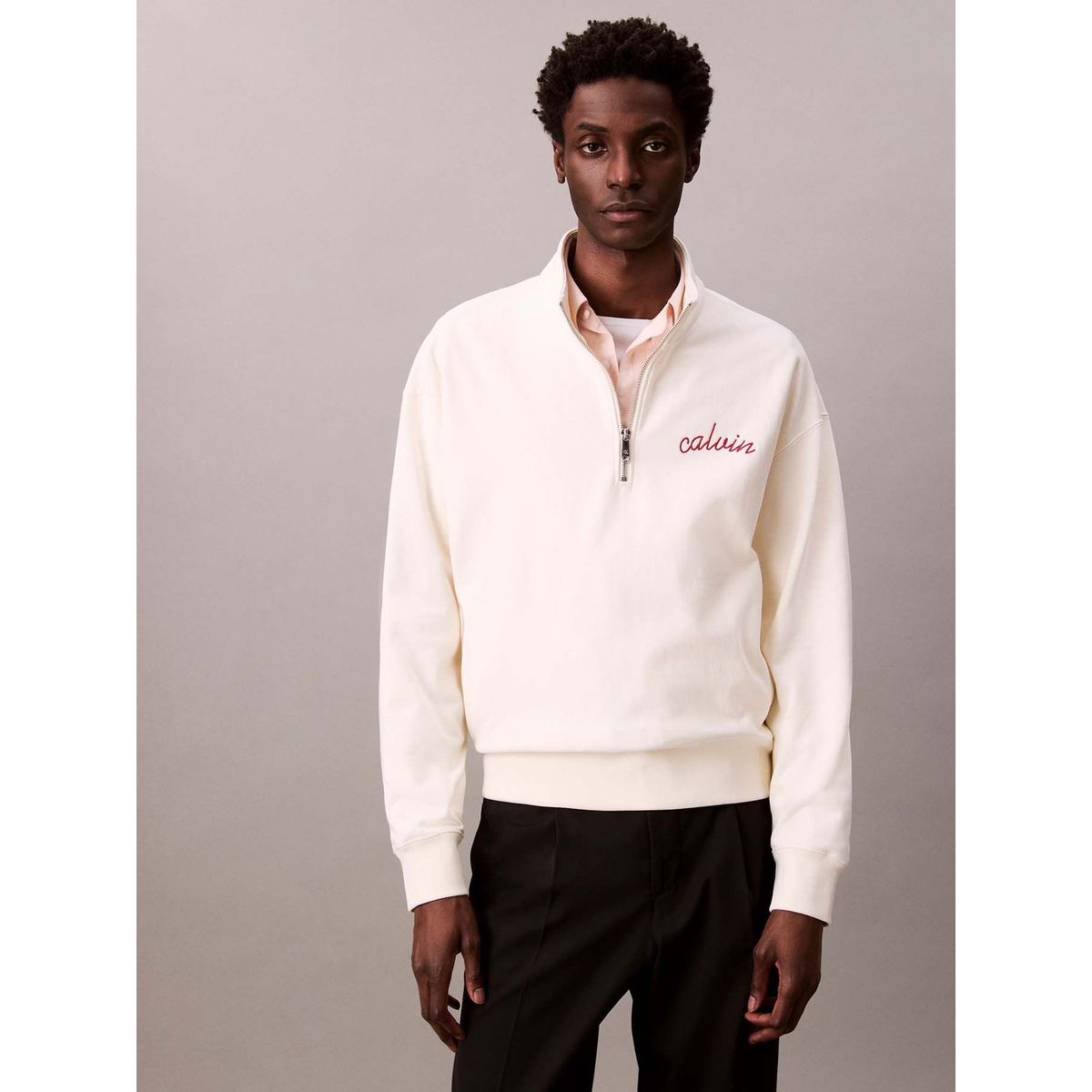 CALVIN KLEIN - Saco blanco con cremallera 1/4 y logo punto cadeneta Calvin Klein