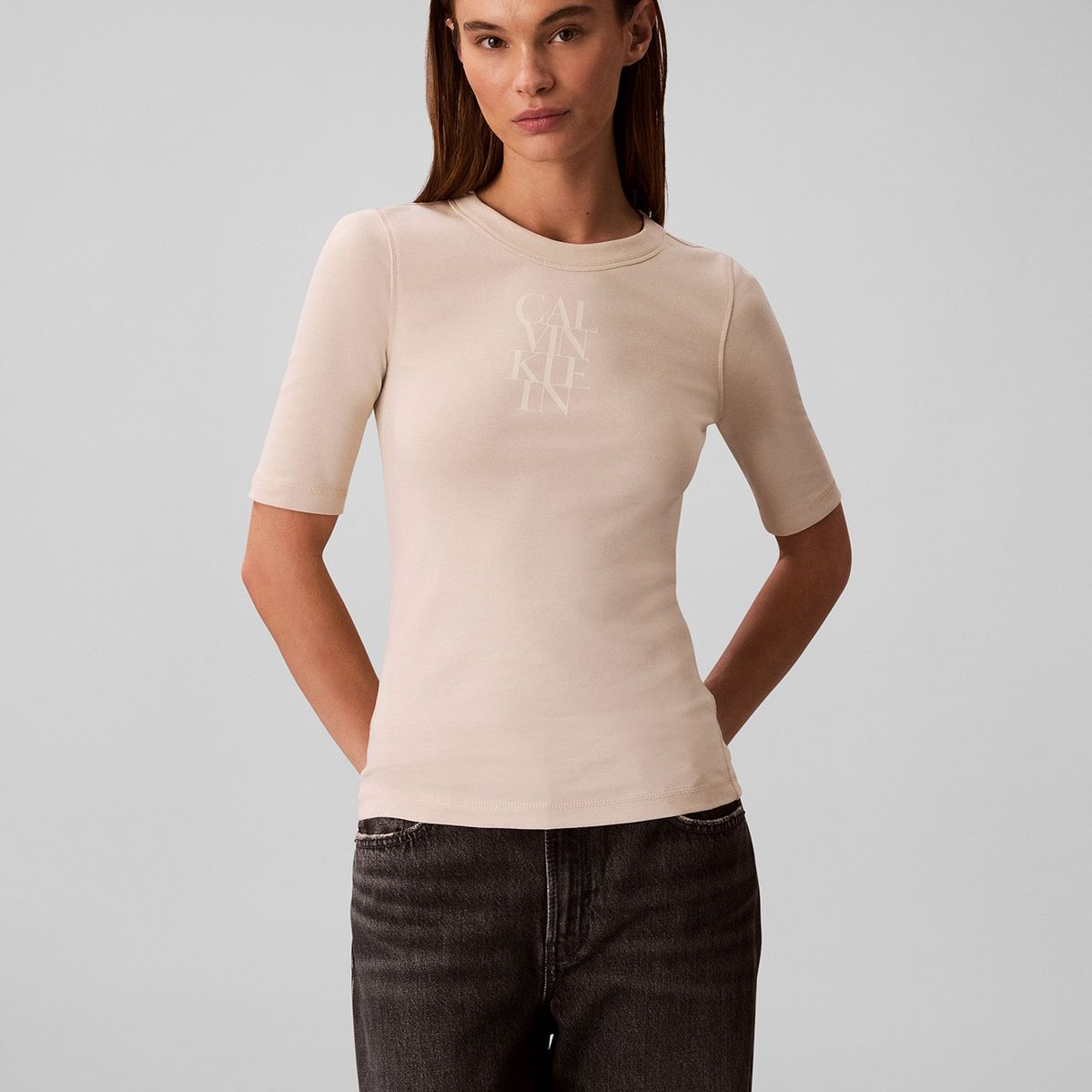 CALVIN KLEIN - Camiseta beige de algodón con logotipo Calvin Klein