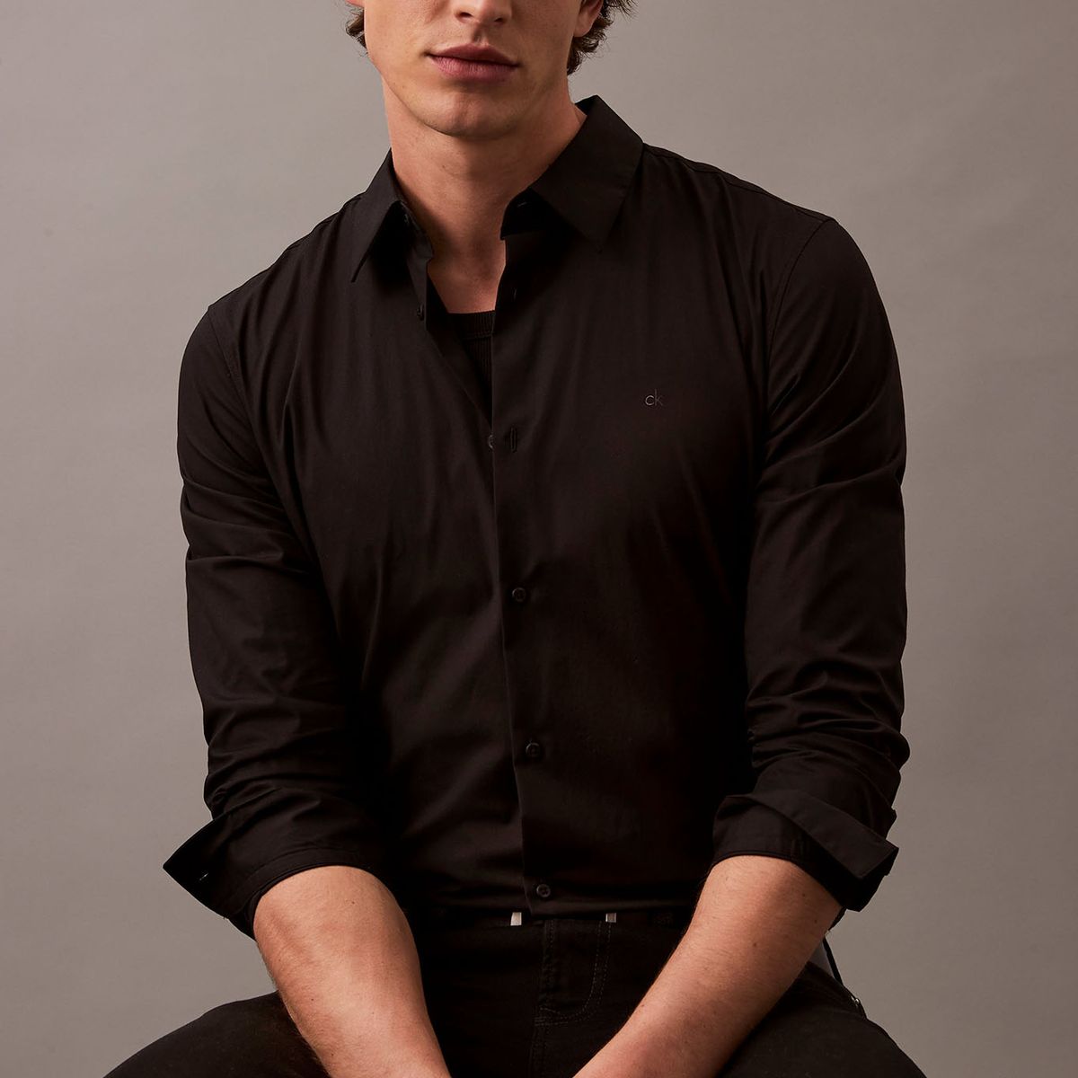 CALVIN KLEIN - Camisa negra slim fit elástica de manga larga Calvin Klein