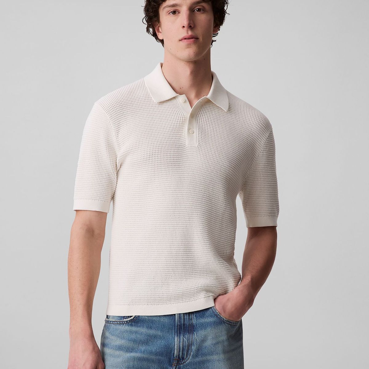 CALVIN KLEIN - Polo blanco de algodón con efecto waffle Calvin Klein
