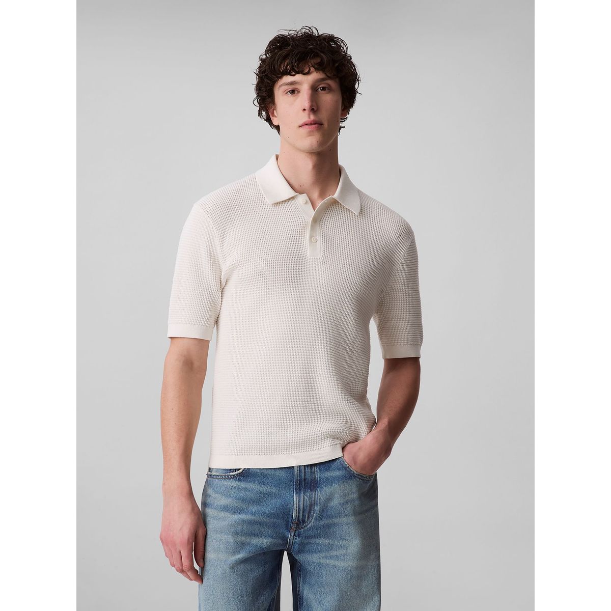 CALVIN KLEIN - Polo blanco de algodón con efecto waffle Calvin Klein