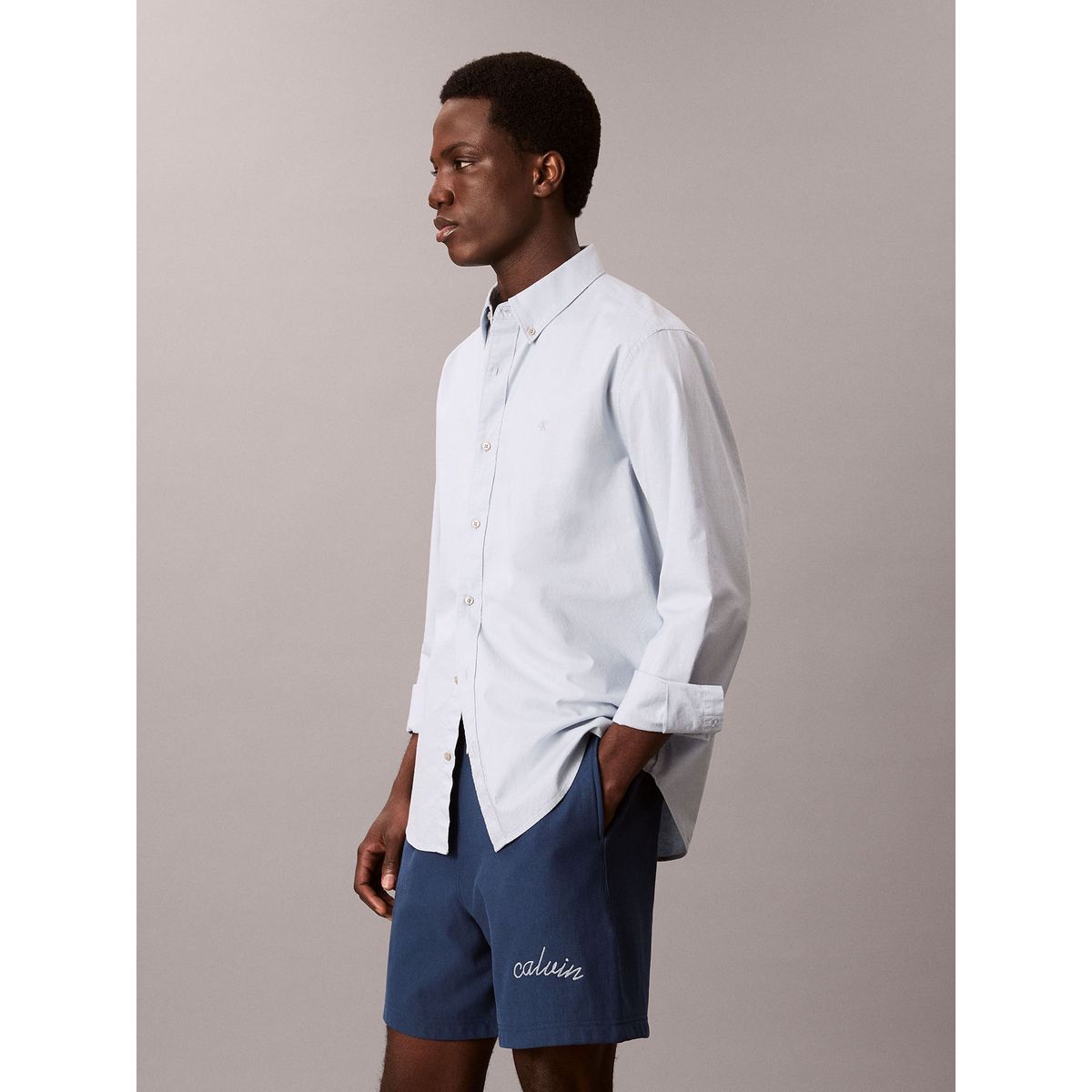 CALVIN KLEIN - Pantaloneta azul de felpa con logotipo bordado Calvin Klein