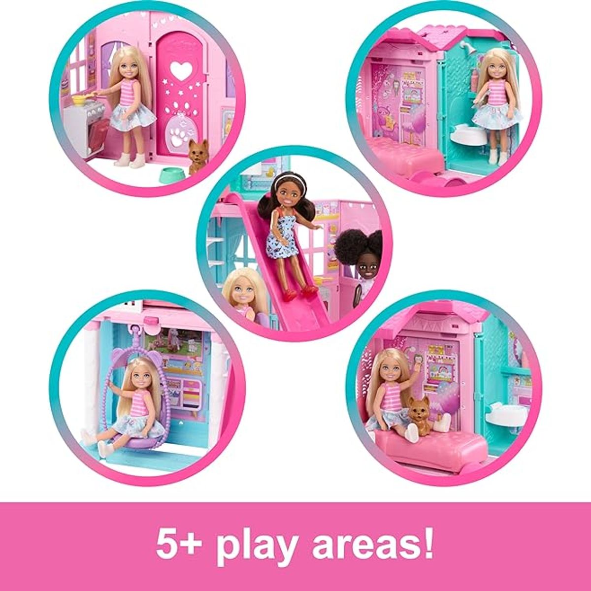 BARBIE - Casa de Muñecas Barbie Chelsea con 15+ accesorios 5 áreas y tobogán