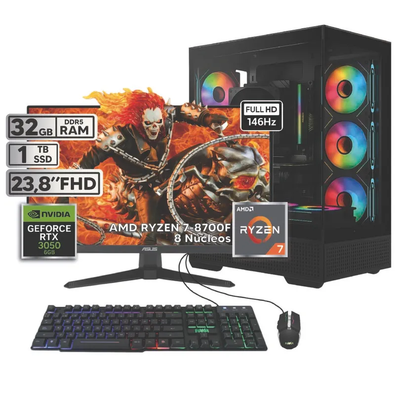 POWER GROUP - PC Gamer Ryzen 7 - RTX 3050 6GB - 32GB RAM - SSD 1TB + Monitor 24” TUF