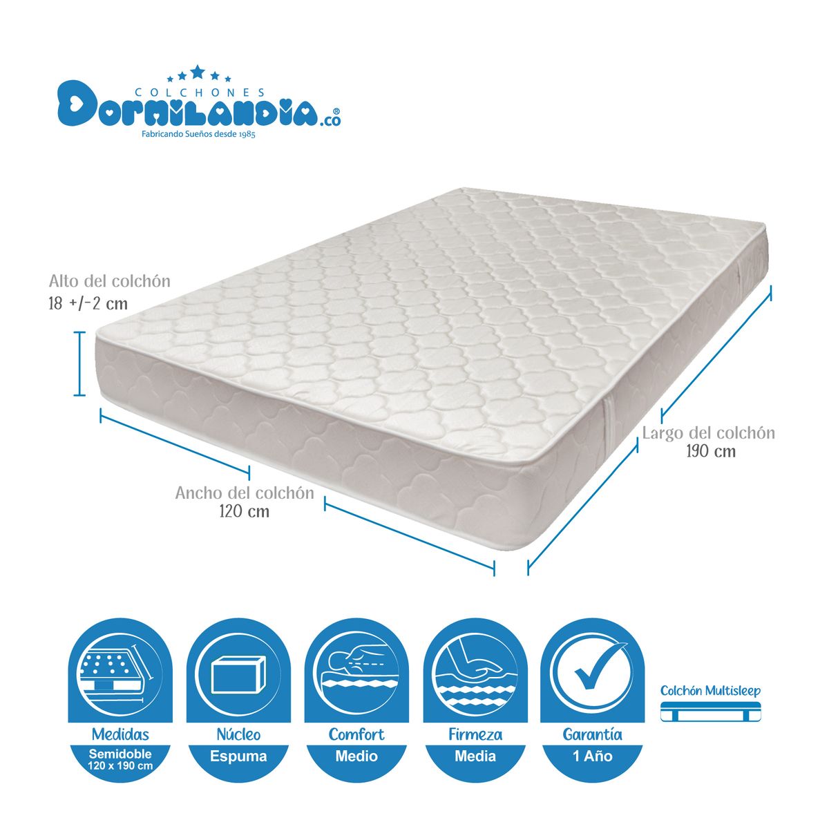 DORMILANDIA - Colchón Multisleep Semidoble 120 cm x 190 cm