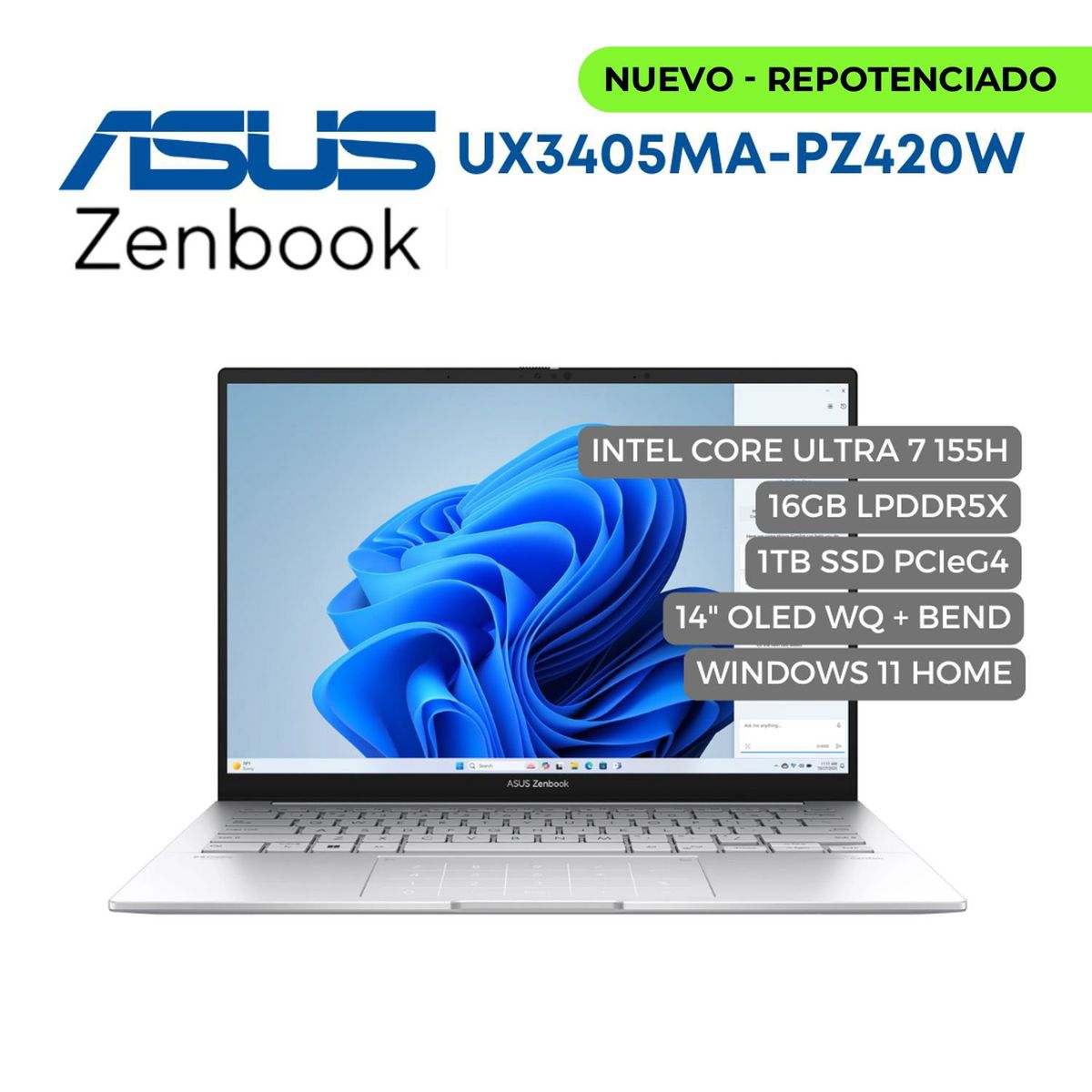 ASUS - Portatil Asus Zenbook UX3405M Intel Core Ultra 7 155H, 16GB LPDDR5X, 1TB PCIEG4, 14" Oled