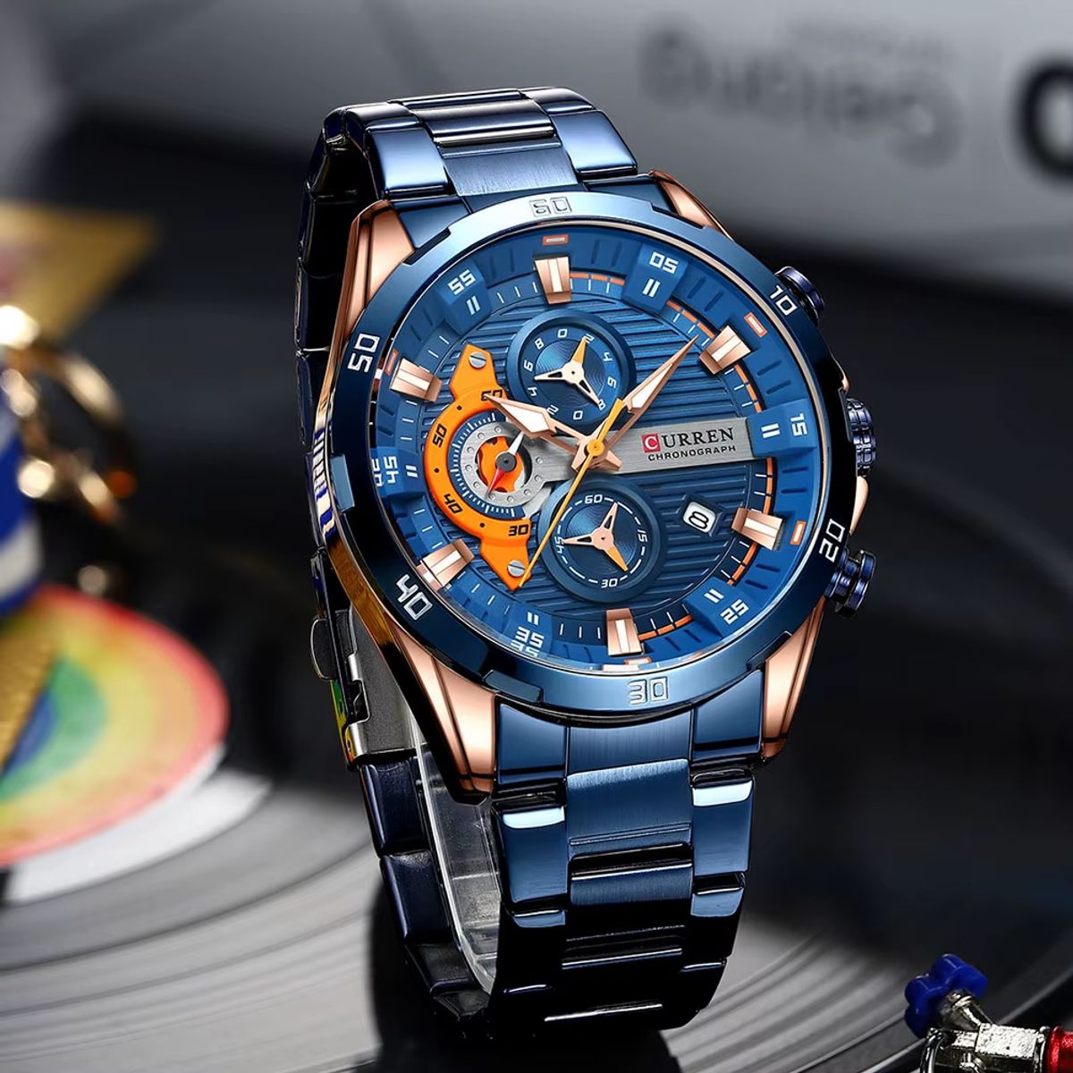 CURREN - RELOJ CURREN ORIGINAL ACERO CRONOGRAFO M8402 AZUL NARANJA